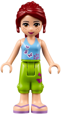 Display of LEGO Friends Friends Mia, Lime Cropped Trousers, Medium Blue Top with 3 Butterflies