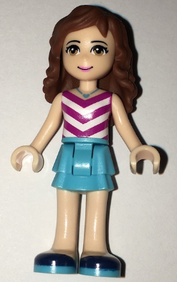 Display of LEGO Friends Friends Olivia, Medium Azure Layered Skirt, Magenta and White V-Striped Top and Medium Azure Necklace