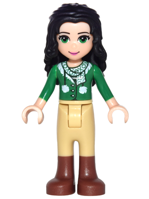 This LEGO minifigure is called, Friends Emma, Tan Riding Pants, Green Sweater with Scarf . It's minifig ID is frnd180.