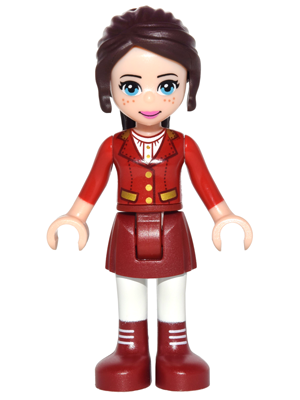 This LEGO minifigure is called, Friends Naomi, Dark Red Skirt with Laced Boots, Red Jacket . It's minifig ID is frnd181.