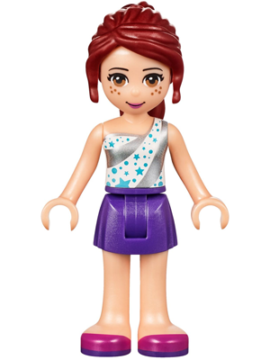 Display of LEGO Friends Friends Mia, Dark Purple Skirt, White One Shoulder Top with Stars