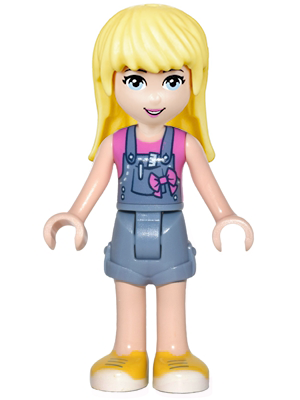 Display of LEGO Friends Friends Stephanie, Denim Overalls Skirt, Dark Pink Top