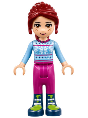 This LEGO minifigure is called, Friends Mia, Magenta Trousers, Bright Light Blue Snowflake Sweater Top . It's minifig ID is frnd212.