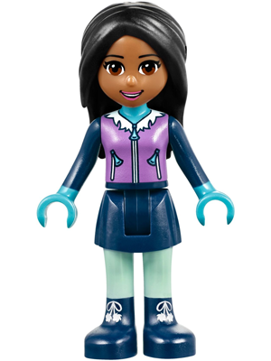 This LEGO minifigure is called, Friends Amanda, Dark Blue Skirt, Medium Lavender Vest . It's minifig ID is frnd213.