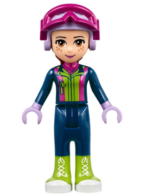 This LEGO minifigure is called, Friends Mia, Dark Blue Trousers, Dark Blue Top, Helmet, Goggles . It's minifig ID is frnd221.