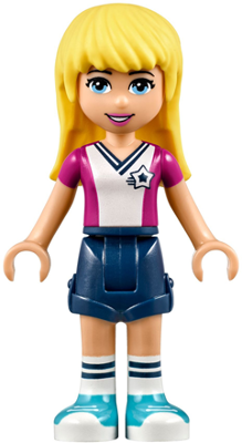This LEGO minifigure is called, Friends Stephanie, Dark Blue Shorts, Soccer Jersey . It's minifig ID is frnd232.