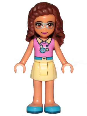 This LEGO minifigure is called, Friends Olivia, Bright Light Yellow Skirt, Dark Pink Top . It's minifig ID is frnd235.