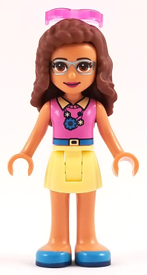Display of LEGO Friends Friends Olivia, Bright Light Yellow Skirt, Dark Pink Top, Sunglasses