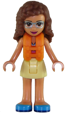 This LEGO minifigure is called, Friends Olivia, Bright Light Yellow Skirt, Dark Pink and Dark Azure Swimsuit Top, Life Jacket . It's minifig ID is frnd266.