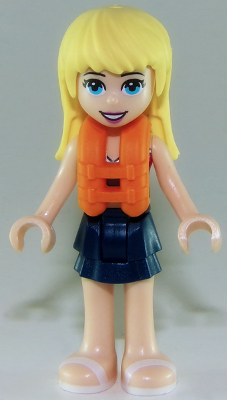 This LEGO minifigure is called, Friends Stephanie, Dark Blue Layered Skirt, Magenta and Medium Blue Swimsuit Top, Life Jacket . It's minifig ID is frnd267.