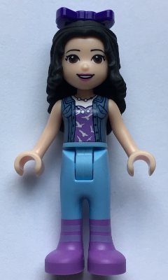 Display of LEGO Friends Friends Emma, Medium Lavender Top with White Birds, Sand Blue Vest, Medium Light Blue Trousers, Bow