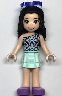 Display of LEGO Friends Friends Emma, Light Aqua Layered Skirt, Light Aqua and Bright Pink Scallop Top, Sunglasses