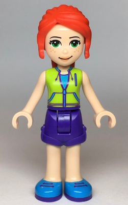 This LEGO minifigure is called, Friends Mia, Dark Purple Shorts, Lime Jacket Top, Red Hair . It's minifig ID is frnd349.