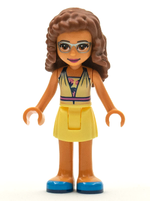 This LEGO minifigure is called, Friends Olivia, Bright Light Yellow Dress and Blue Shoes . It's minifig ID is frnd350.