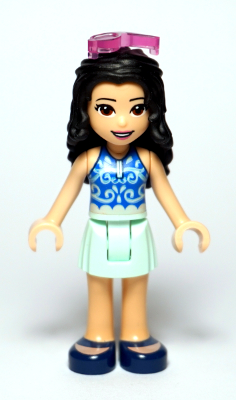 Display of LEGO Friends Friends Emma, Light Aqua Skirt, Blue Swimsuit Top, Sunglasses