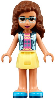 Display of LEGO Friends Friends Olivia, Bright Light Yellow Skirt, Dark Pink Top with Blue Jacket