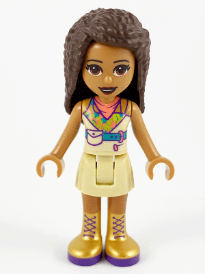 Display of LEGO Friends Friends Andrea, Tan Skirt, Coral, Lime and Medium Azure Top, Gold Boots