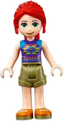 Display of LEGO Friends Friends Mia, Olive Green Shorts, Dark Purple Top with Diamonds and Triangles