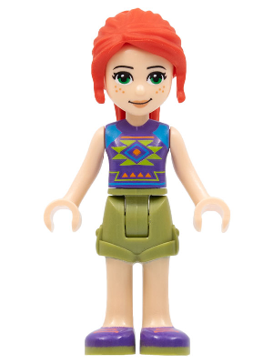 Display of LEGO Friends Friends Mia, Olive Green Shorts, Dark Purple Shoes and Top with Diamonds and Triangles