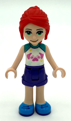Display of LEGO Friends Friends Mia, Dark Purple Shorts, White Top with Pug Head