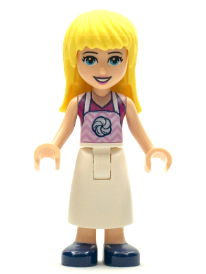 Display of LEGO Friends Friends Stephanie, White Long Skirt, Magenta Top with Apron