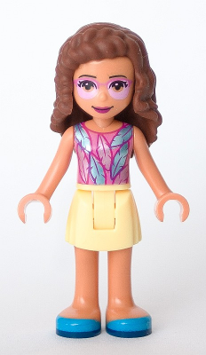 Display of LEGO Friends Friends Olivia, Bright Light Yellow Skirt, Dark Pink Top with Feathers, Bright Pink Tinted Glasses