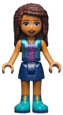 Display of LEGO Friends Friends Andrea, Dark Blue Skirt, Metallic Light Blue Jacket over Magenta Top