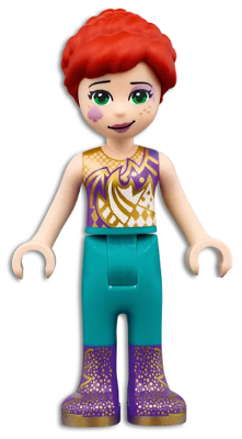 Display of LEGO Friends Friends Mia, Dark Purple and Gold Top, Dark Turquoise Pants, Dark Purple Boots with Gold Pattern
