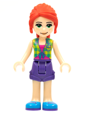 This LEGO minifigure is called, Friends Mia, Lime Plaid Shirt, Dark Purple Shorts . It's minifig ID is frnd464.
