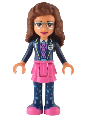 This LEGO minifigure is called, Friends Olivia (Nougat), Dark Pink Skirt, Dark Blue Leggings, Dark Blue Jacket . It's minifig ID is frnd558.