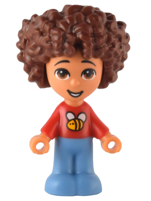 This LEGO minifigure is called, Friends Santiago, Micro Doll, Red Shirt with Bee . It's minifig ID is frnd559.