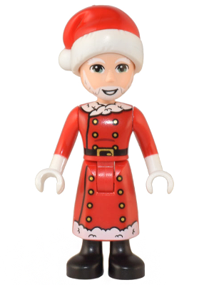 This LEGO minifigure is called, Friends Santa, Red Jacket and Skirt with Buttons and White Trim, Santa Hat . It's minifig ID is frnd560.