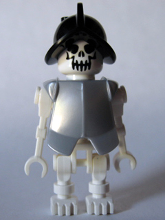 This LEGO minifigure is called, Skeleton, Fantasy Era Torso with Evil Skull, Black Conquistador Helmet, Pearl Light Gray Armor . It's minifig ID is gen021.