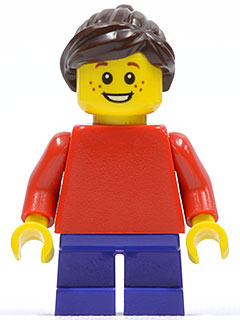 Display of LEGO Holiday & Event Plain Red Torso with Red Arms, Dark Purple Short Legs, Dark Brown Ponytail and Swept Sideways Fringe