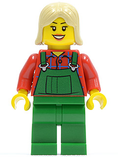 Display of LEGO Holiday & Event Overalls Farmer Green, Tan Female Hair
