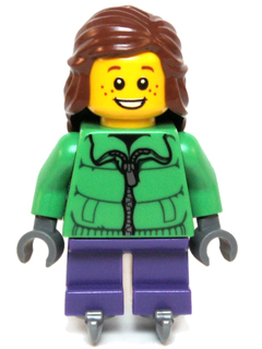 Display of LEGO Holiday & Event Winter Jacket Zipper, Dark Purple Short Legs, Reddish Brown Female Hair Mid-Length, Ice Skates