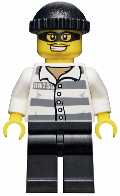 This LEGO minifigure is called, Police, Jail Prisoner 86753 Prison Stripes, Black Knit Cap, Mask . It's minifig ID is hol041.