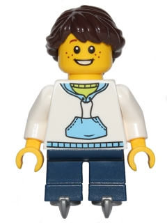 Display of LEGO Holiday & Event White Hoodie with Blue Pockets, Dark Blue Short Legs with Skates, Dark Brown Hair Ponytail Long French Braided