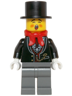 Display of LEGO Holiday & Event Caroler, Male, Tuxedo Shirt and Gold Watch Fob
