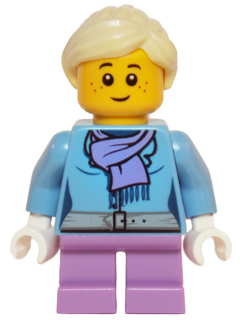 Display of LEGO Holiday & Event Medium Blue Jacket with Light Purple Scarf, Medium Lavender Short Legs, Bright Light Yellow Ponytail and Swept Sideways Fringe