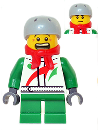 Display of LEGO Holiday & Event Octan, Jacket with Red and Green Stripe, Green Short Legs, Red Bandana, Helmet Sports with Vent Holes, Brown Eye Corner Crinkles