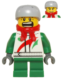 Display of LEGO Holiday & Event Octan, Jacket with Red and Green Stripe, Green Short Legs, Red Bandana, Helmet Sports with Vent Holes, Black Eye Corner Crinkles