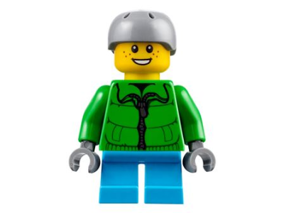 Display of LEGO Holiday & Event Winter Jacket Zipper, Dark Azure Short Legs, Light Bluish Gray Sports Helmet