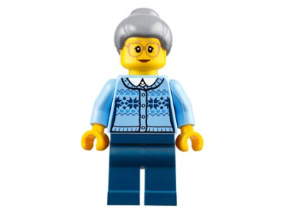 Display of LEGO Holiday & Event Grandmother, Fair Isle Sweater, Light Bluish Gray Hair with Top Knot Bun, Dark Blue Legs, Glasses