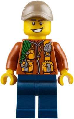 Display of LEGO Holiday & Event City Jungle Explorer, Dark Orange Jacket with Pouches, Dark Blue Legs, Dark Tan Cap with Hole, Big Smile