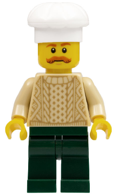 This LEGO minifigure is called, Chef, Tan Knit Sweater, Dark Green Legs, Bushy Moustache . It's minifig ID is hol129.
