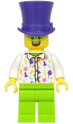 Display of LEGO Holiday & Event Birthday Party Guest, Dark Purple Top Hat, Green Glasses, White Shirt, Lime Legs