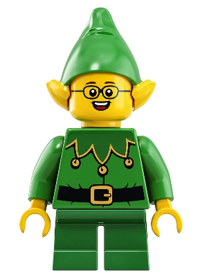 Display of LEGO Holiday & Event Elf, Green Scalloped Collar with Bells, Glasses