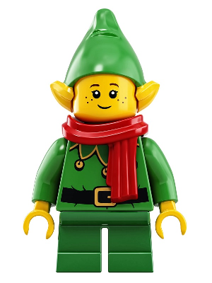 Display of LEGO Holiday & Event Elf, Green Scalloped Collar with Bells, Scarf