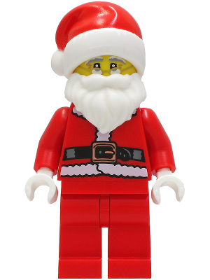 Display of LEGO LEGO Brand Santa, Red Legs, Fur Lined Jacket, White Eyebrows, Glasses